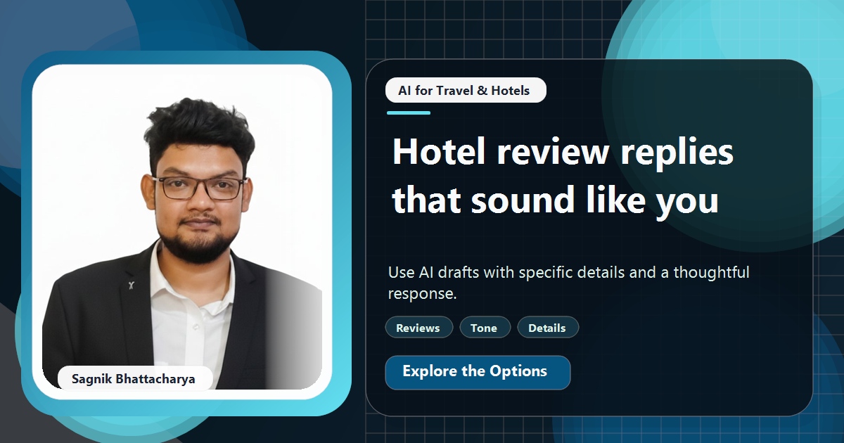 Coding Liquids tutorial cover featuring Sagnik Bhattacharya for How to Reply to Hotel Reviews With AI Without Sounding Canned.