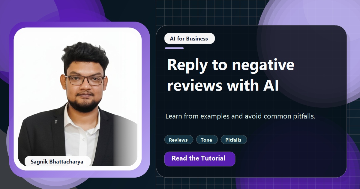 Coding Liquids tutorial cover featuring Sagnik Bhattacharya for How to Reply to Negative Reviews With AI: Examples and Pitfalls.