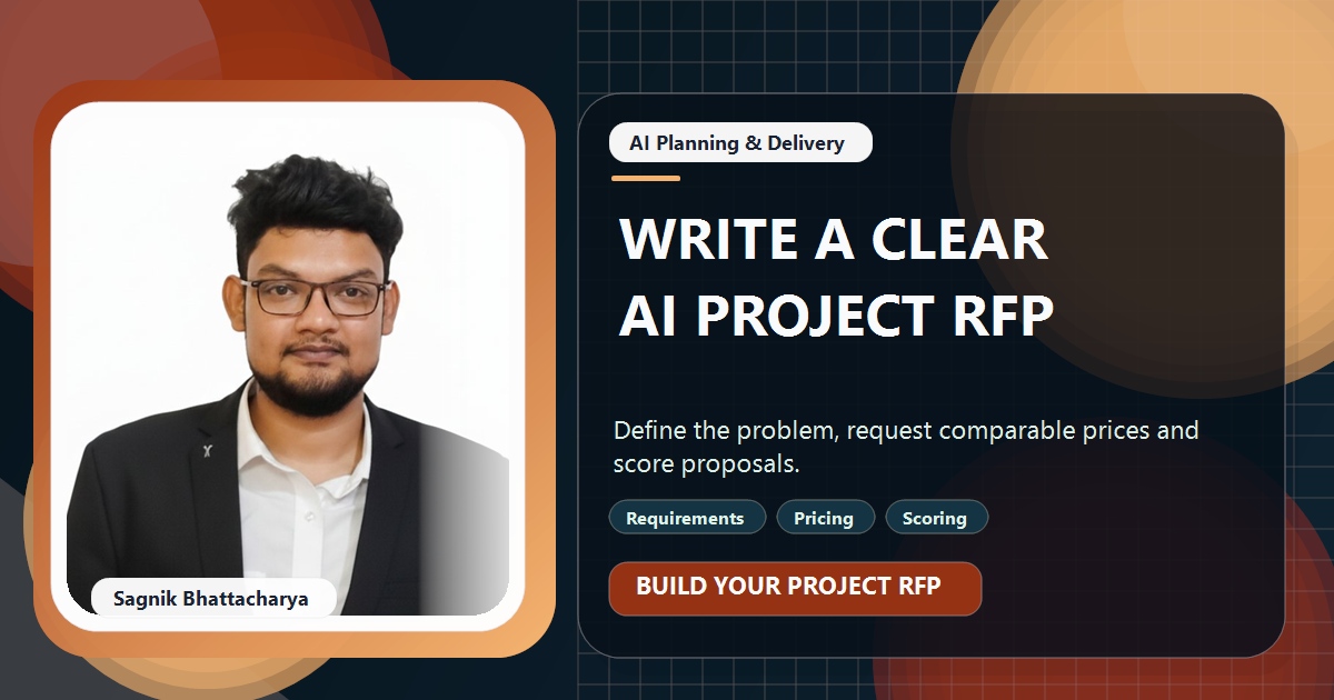 Coding Liquids tutorial cover featuring Sagnik Bhattacharya for How to Write a Request for Proposal for an AI Project.