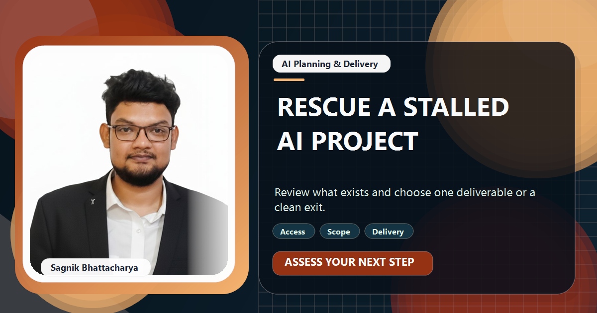 Coding Liquids tutorial cover featuring Sagnik Bhattacharya for How to Rescue a Stalled AI Project or Exit It Cleanly.