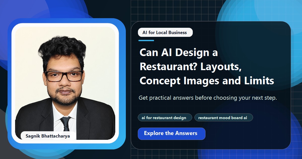Coding Liquids tutorial cover featuring Sagnik Bhattacharya for Can AI Design a Restaurant? Layouts, Concept Images and Limits.