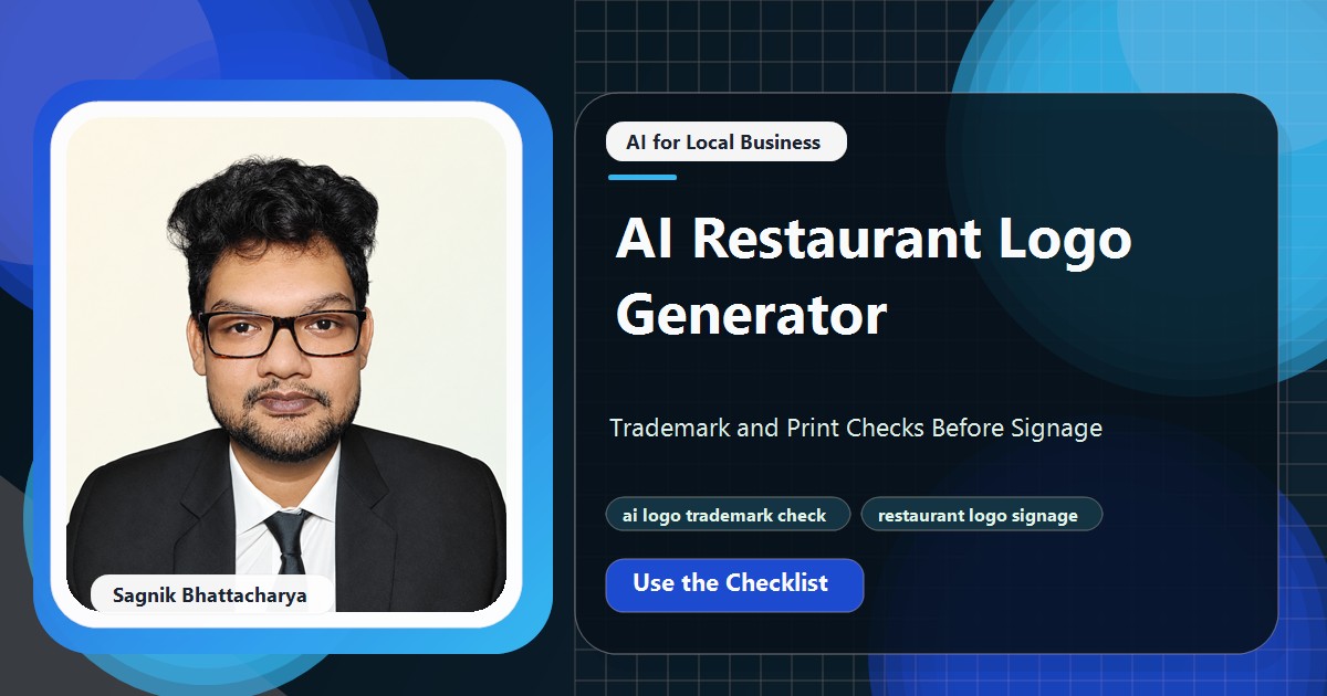 Coding Liquids tutorial cover featuring Sagnik Bhattacharya for AI Restaurant Logo Generator: Trademark and Print Checks Before Signage.
