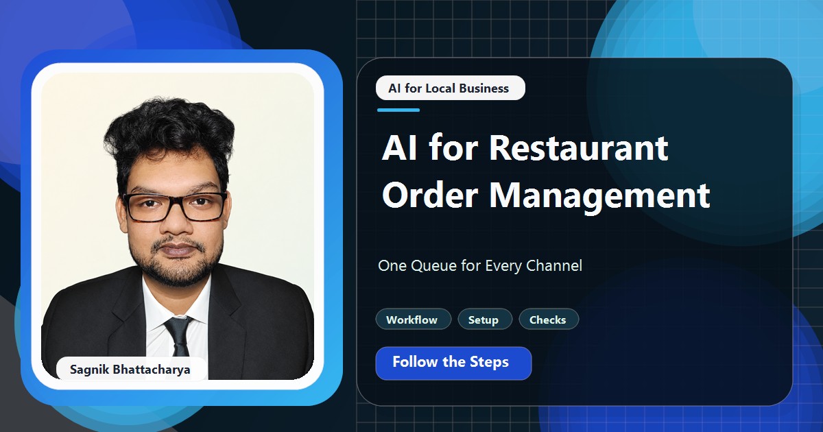Coding Liquids tutorial cover featuring Sagnik Bhattacharya for AI for Restaurant Order Management: One Queue for Every Channel.