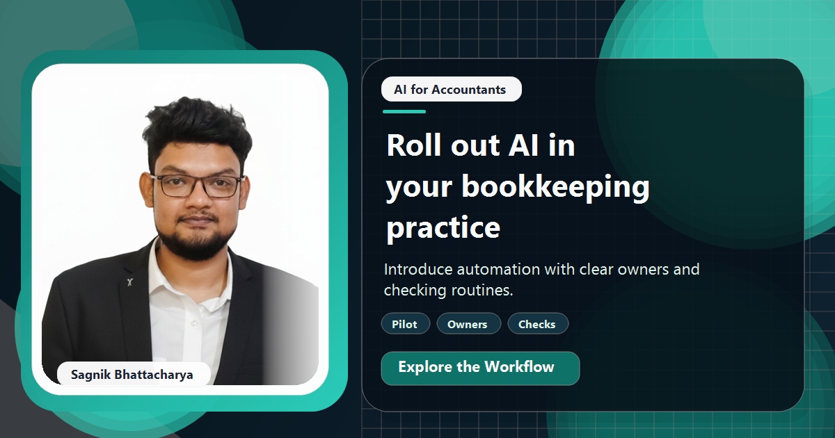 Coding Liquids tutorial cover featuring Sagnik Bhattacharya for Rolling Out AI in a Bookkeeping Practice Without Losing Control.