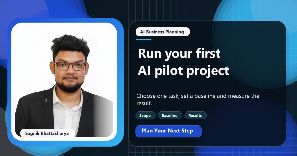 Coding Liquids tutorial cover featuring Sagnik Bhattacharya for How to Run Your First AI Pilot Project in a Small Business.