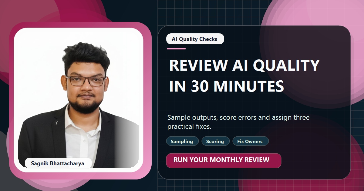 Coding Liquids tutorial cover featuring Sagnik Bhattacharya for How to Run a Monthly AI Quality Review in 30 Minutes.