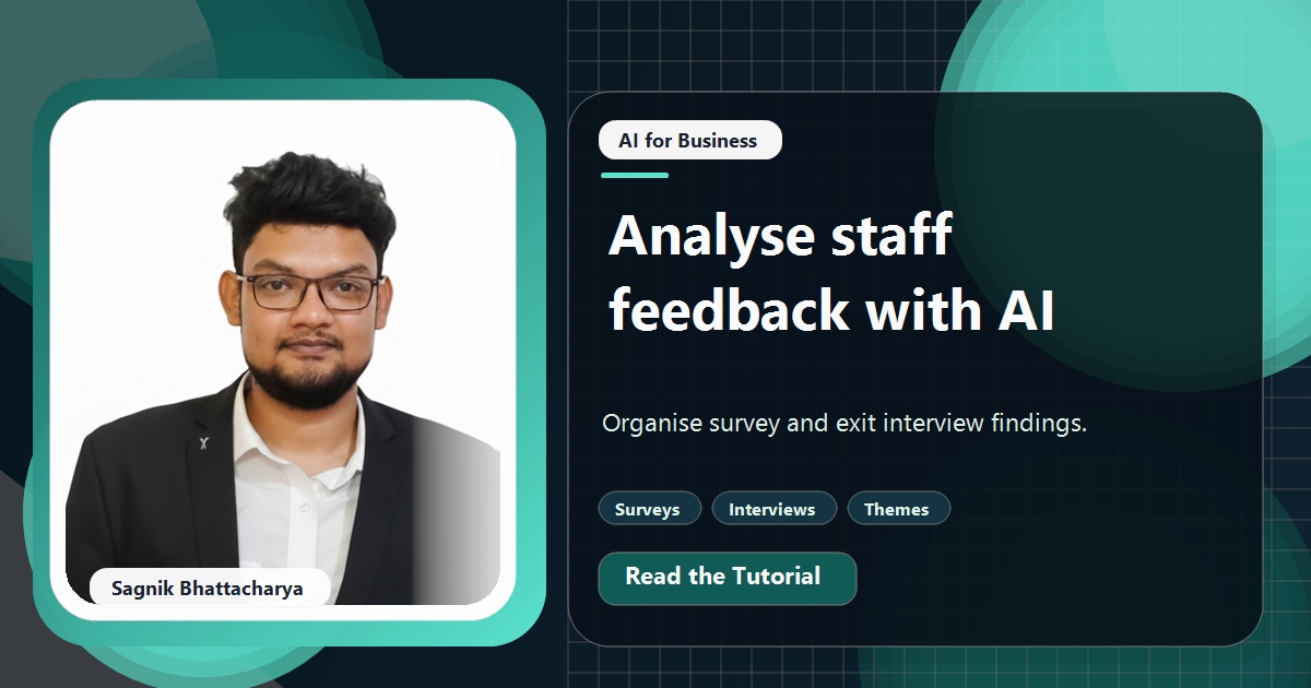 Coding Liquids tutorial cover featuring Sagnik Bhattacharya for How to Run Staff Surveys and Exit Interviews With AI Analysis.