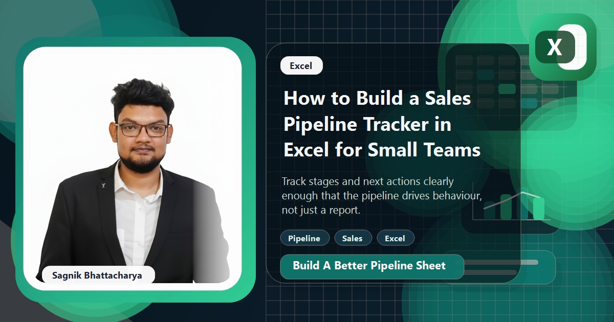 Coding Liquids blog cover featuring Sagnik Bhattacharya for building a sales pipeline tracker in Excel, with deal-stage visuals.