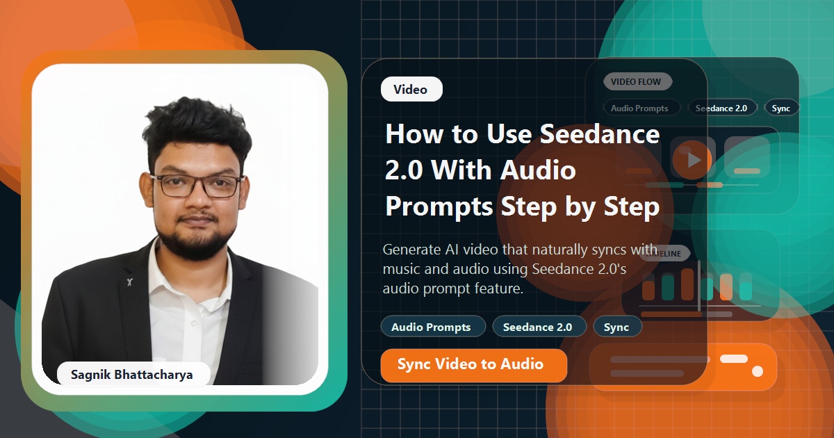 Coding Liquids blog cover featuring Sagnik Bhattacharya for using Seedance 2.0 with audio prompts step by step.