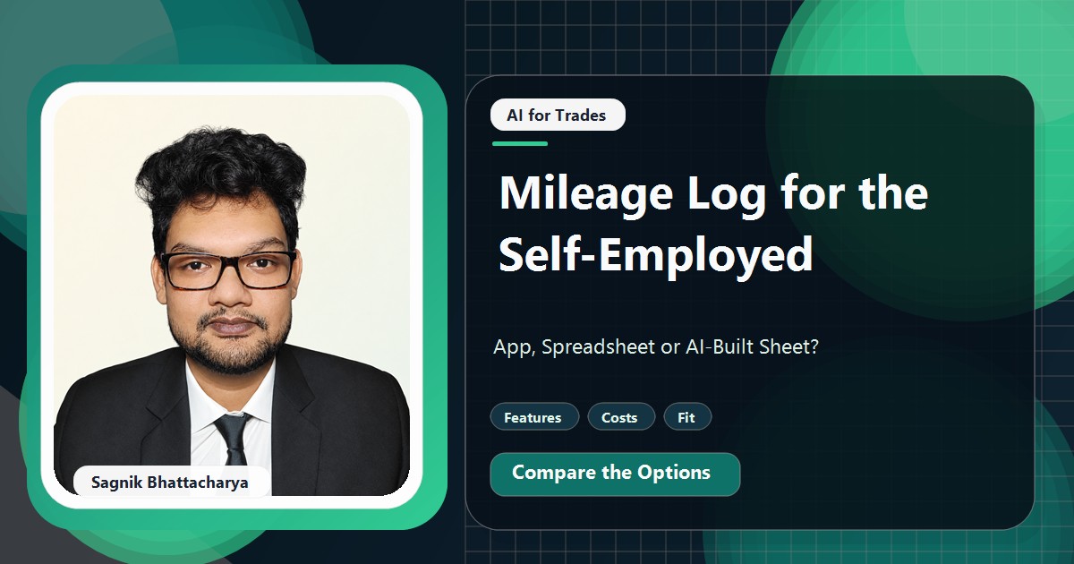 Coding Liquids tutorial cover featuring Sagnik Bhattacharya for Mileage Log for the Self-Employed: App, Spreadsheet or AI-Built Sheet?