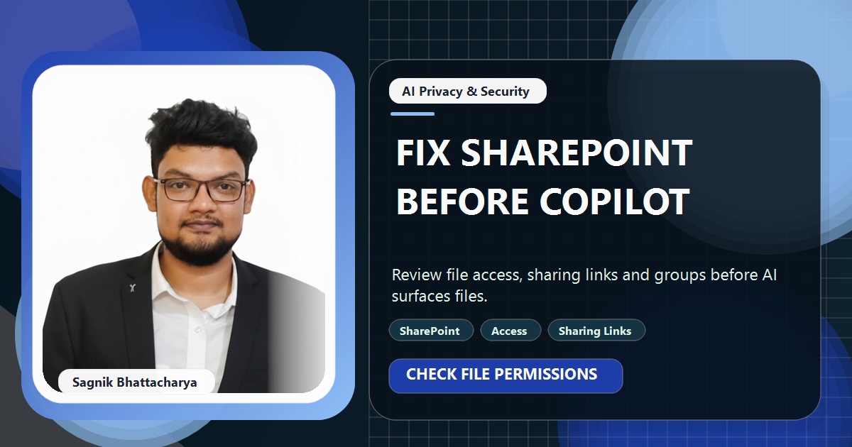 Coding Liquids tutorial cover featuring Sagnik Bhattacharya for How to Clean Up SharePoint Permissions Before Turning On Copilot.