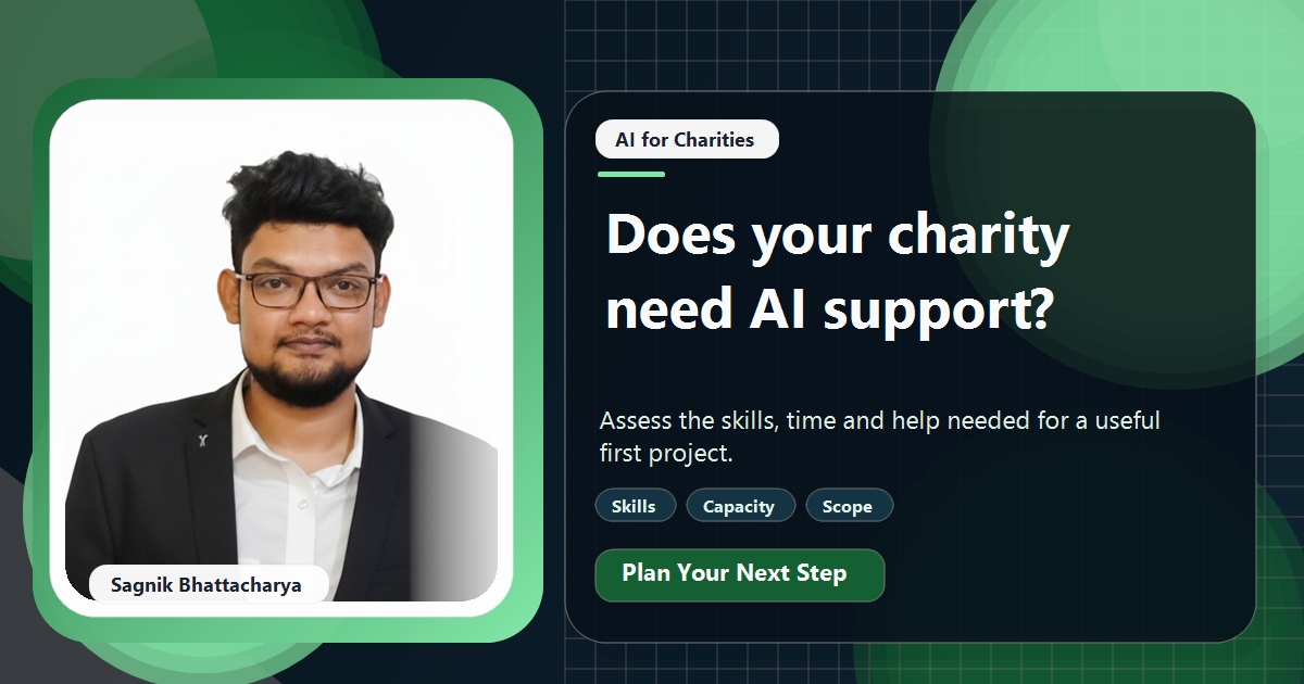 Coding Liquids tutorial cover featuring Sagnik Bhattacharya for Do Small Charities Need Outside Help to Adopt AI?