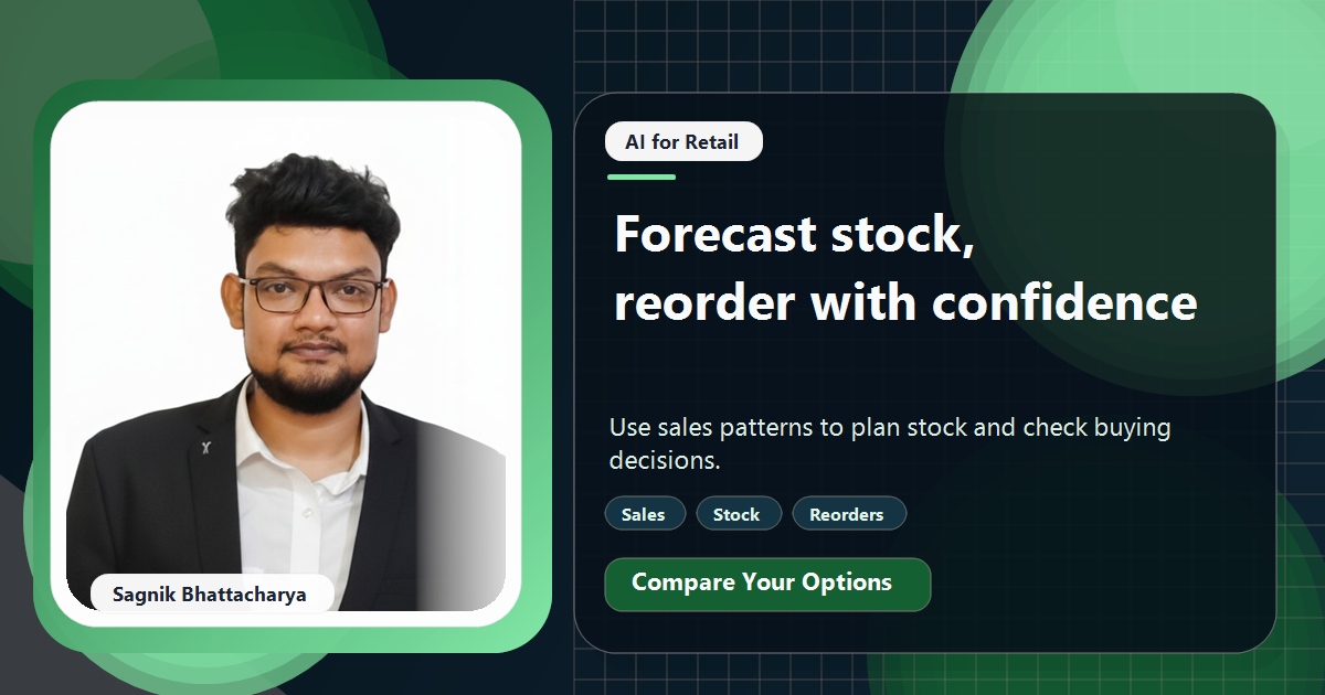Coding Liquids tutorial cover featuring Sagnik Bhattacharya for How Small Shops Can Use AI to Forecast Stock and Reorder.