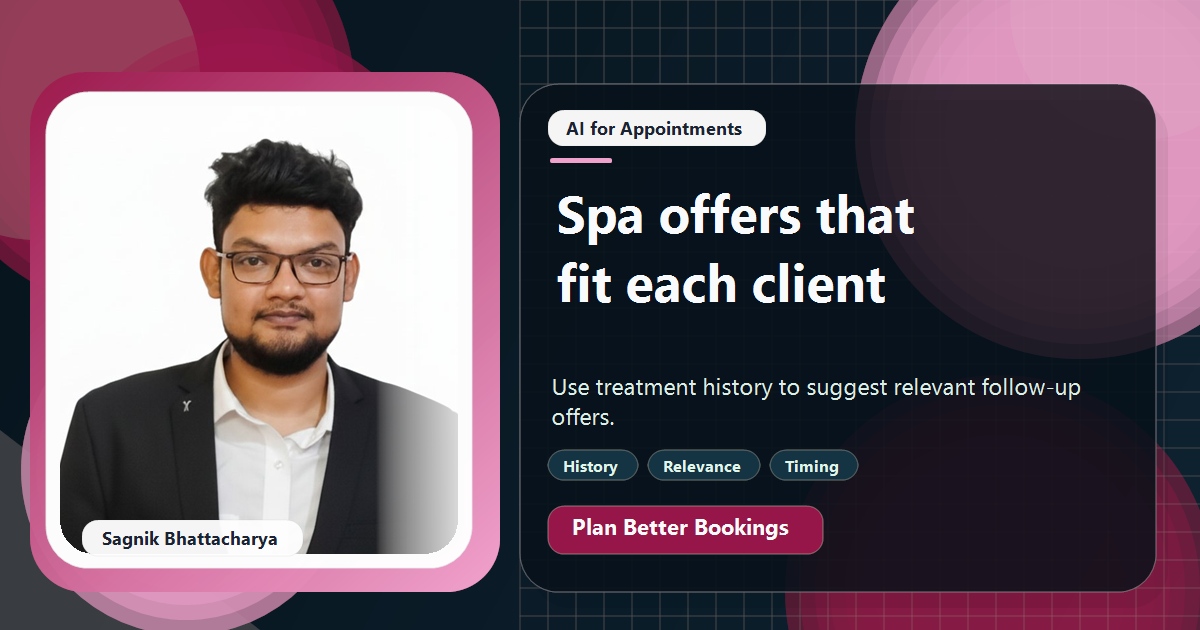 Coding Liquids tutorial cover featuring Sagnik Bhattacharya for How Spas Use AI to Personalise Offers From Treatment History.