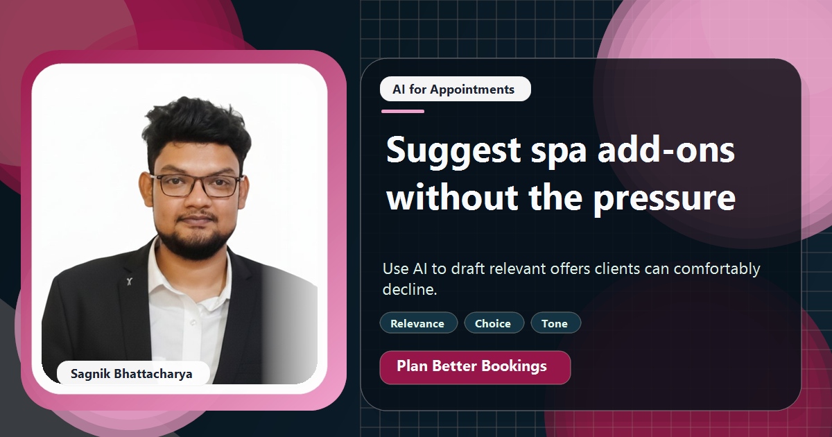 Coding Liquids tutorial cover featuring Sagnik Bhattacharya for How Spas Can Upsell Add-On Treatments With AI Without Being Pushy.