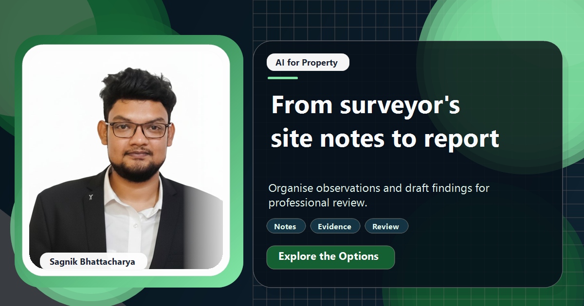 Coding Liquids tutorial cover featuring Sagnik Bhattacharya for How Surveyors Use AI to Turn Site Notes Into Reports.