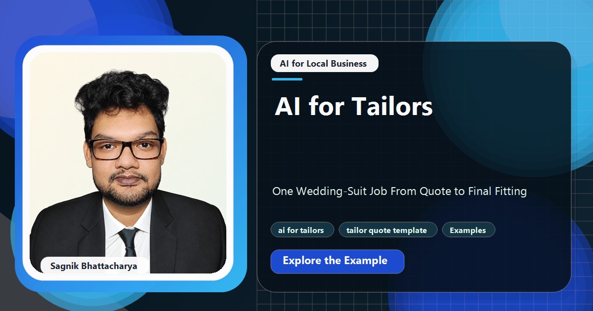 Coding Liquids tutorial cover featuring Sagnik Bhattacharya for AI for Tailors: One Wedding-Suit Job From Quote to Final Fitting.