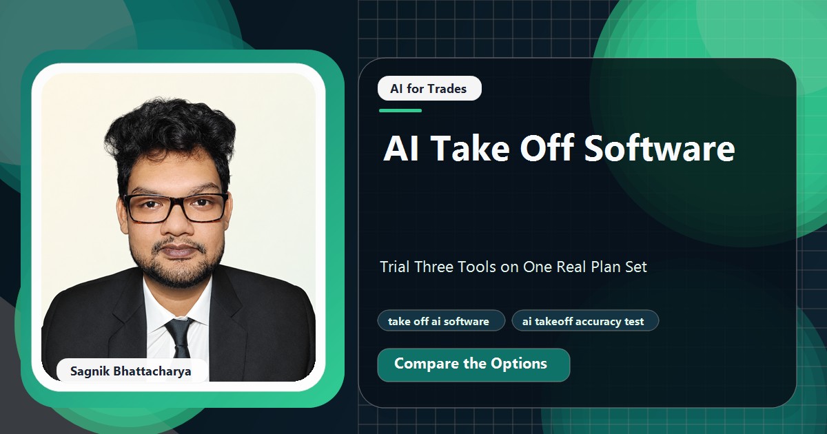 Coding Liquids tutorial cover featuring Sagnik Bhattacharya for AI Take Off Software: Trial Three Tools on One Real Plan Set.