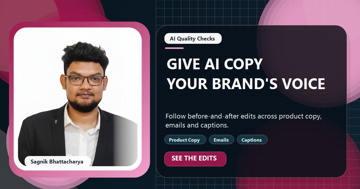 Coding Liquids tutorial cover featuring Sagnik Bhattacharya for Tone of Voice Examples: AI Copy Before and After Editing.