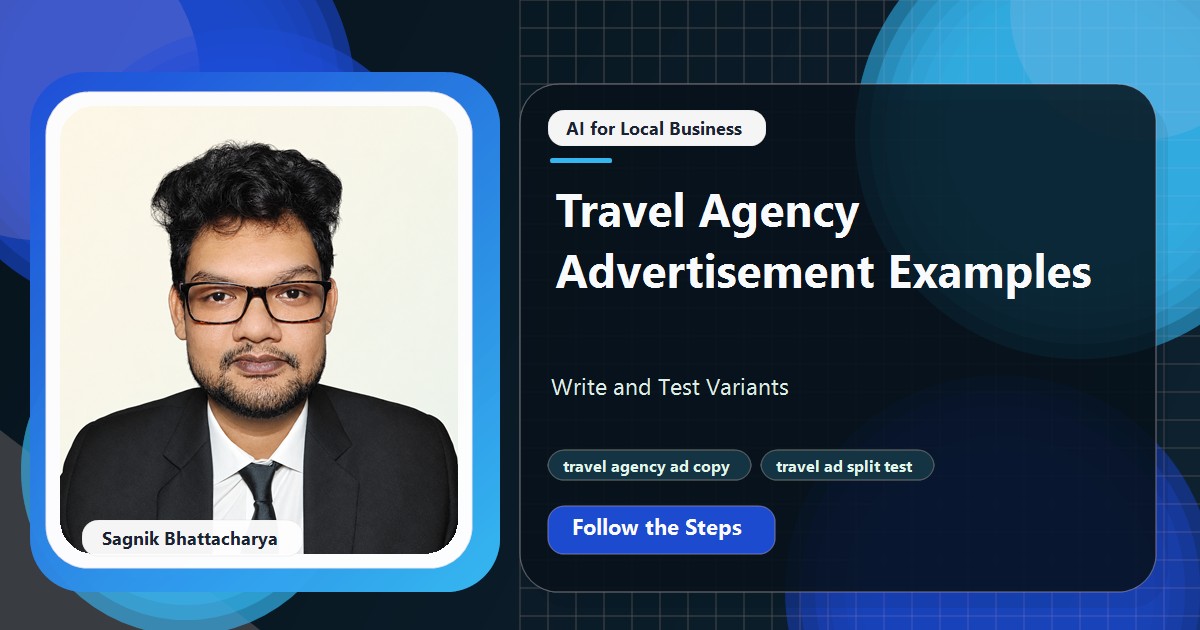 Coding Liquids tutorial cover featuring Sagnik Bhattacharya for Travel Agency Advertisement Examples: Write and Test Variants.
