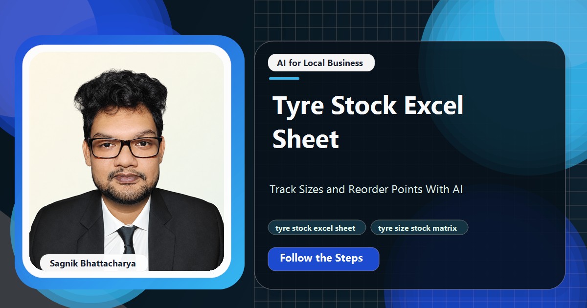 Coding Liquids tutorial cover featuring Sagnik Bhattacharya for Tyre Stock Excel Sheet: Track Sizes and Reorder Points With AI.