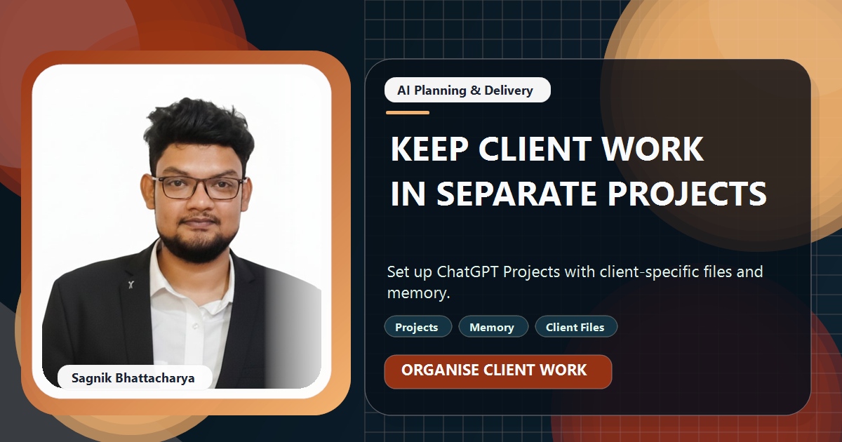Coding Liquids tutorial cover featuring Sagnik Bhattacharya for How to Use ChatGPT Projects to Keep Client Work Separate.