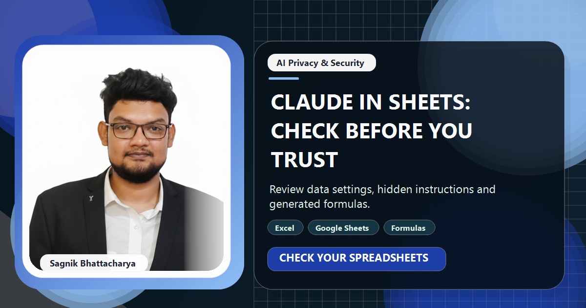 Coding Liquids tutorial cover featuring Sagnik Bhattacharya for How to Use Claude With Excel and Google Sheets Safely.