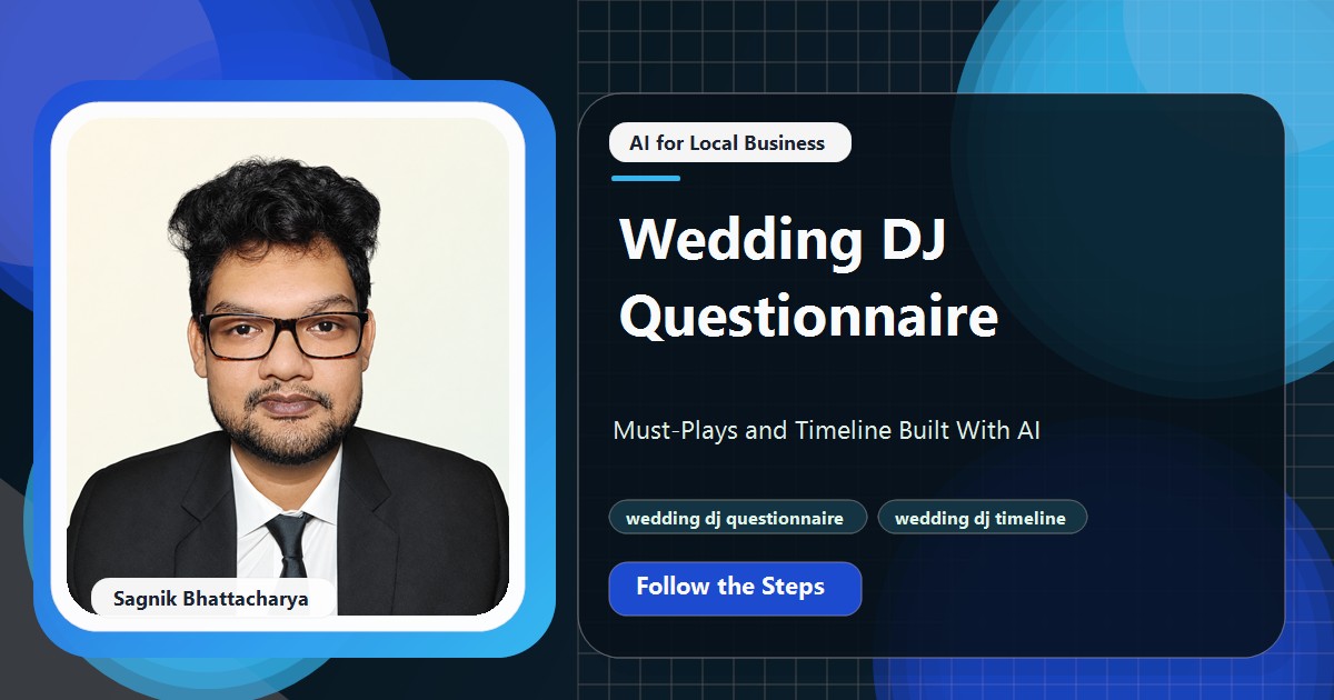 Coding Liquids tutorial cover featuring Sagnik Bhattacharya for Wedding DJ Questionnaire: Must-Plays and Timeline Built With AI.