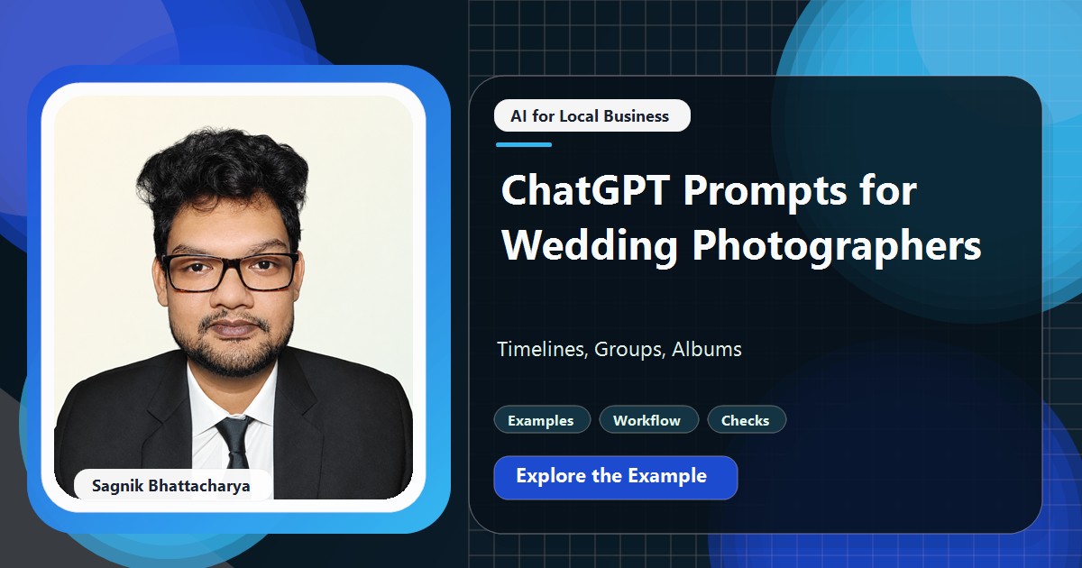 Coding Liquids tutorial cover featuring Sagnik Bhattacharya for ChatGPT Prompts for Wedding Photographers: Timelines, Groups, Albums.