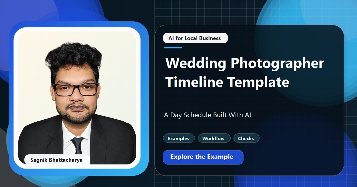 Coding Liquids tutorial cover featuring Sagnik Bhattacharya for Wedding Photographer Timeline Template: A Day Schedule Built With AI.