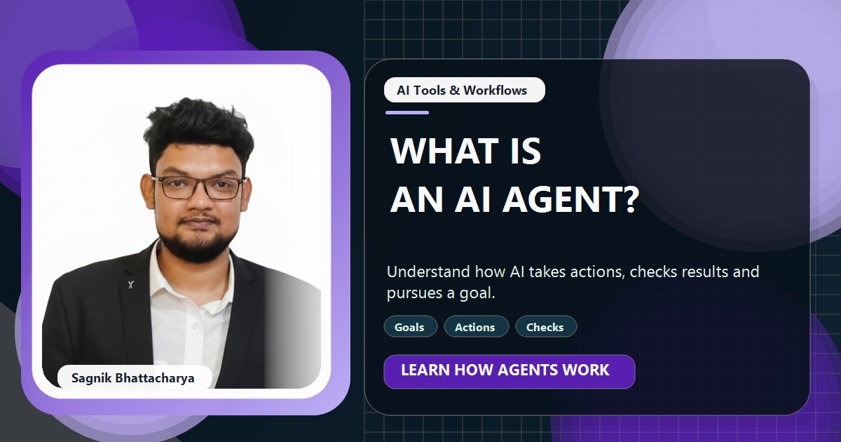 Coding Liquids tutorial cover featuring Sagnik Bhattacharya for What Is an AI Agent? A Plain-English Guide for Business Owners.