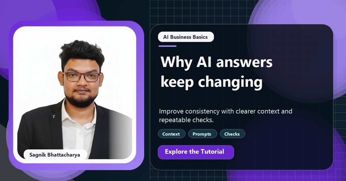 Coding Liquids tutorial cover featuring Sagnik Bhattacharya for Why AI Gives Different Answers Each Time, and How to Fix It.