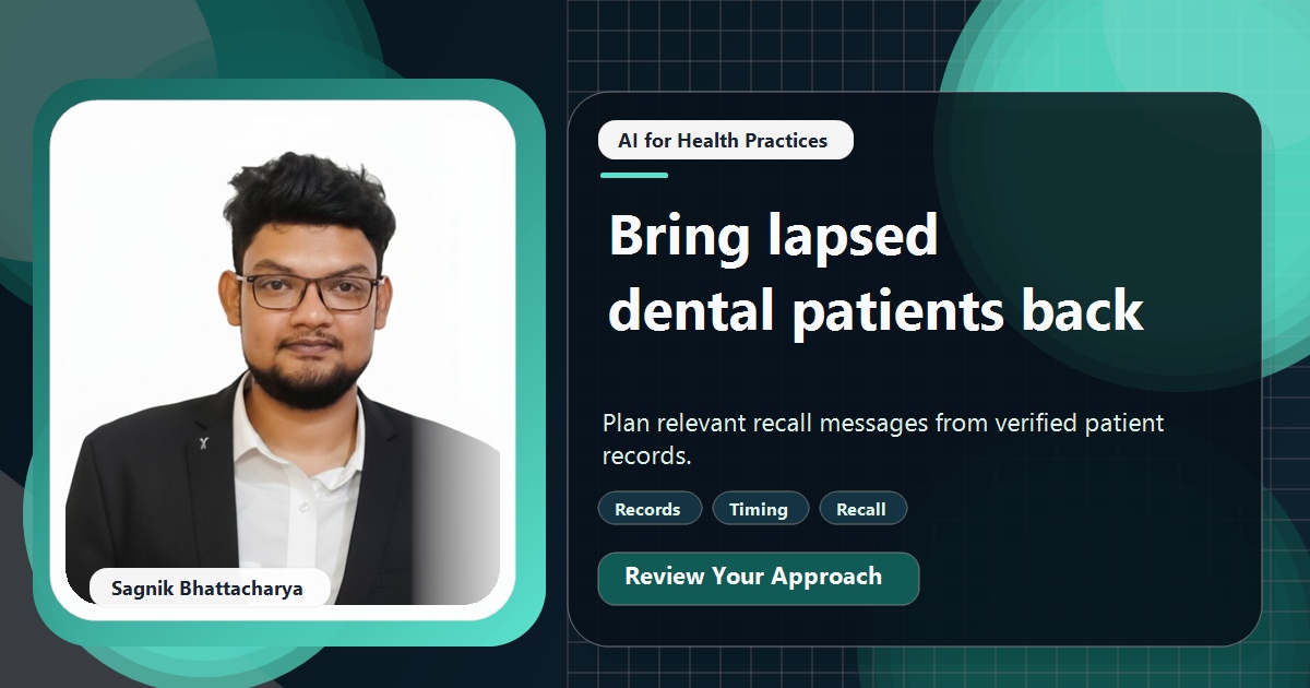 Coding Liquids tutorial cover featuring Sagnik Bhattacharya for Winning Back Lapsed Dental Patients With AI Messages.