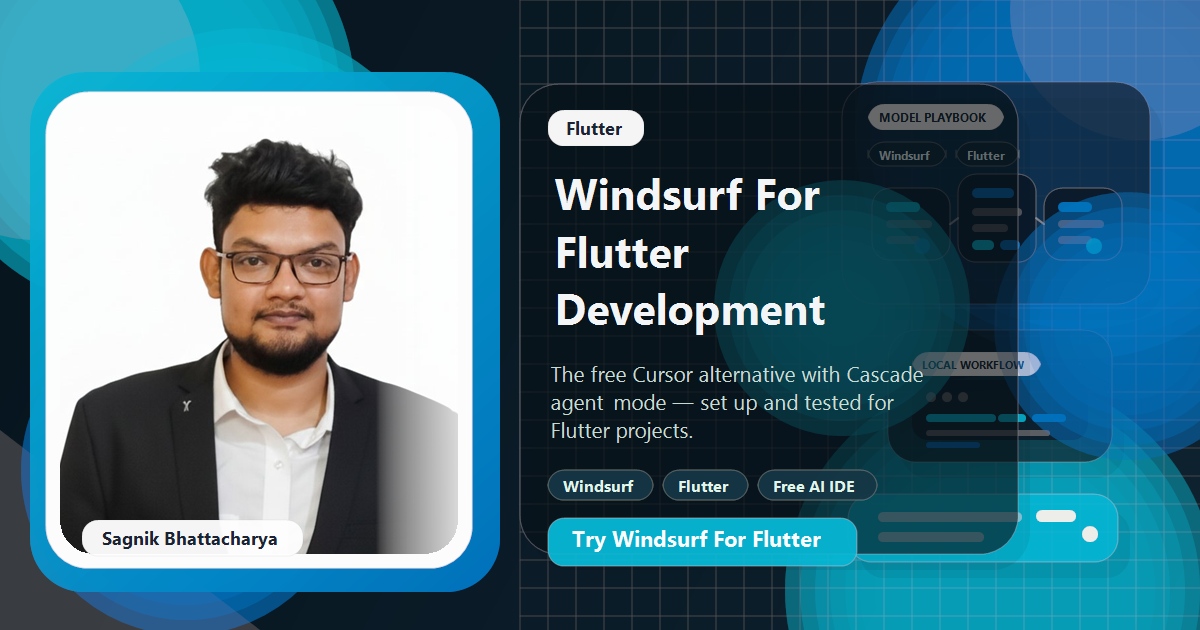 Coding Liquids blog cover featuring Sagnik Bhattacharya for How to Use Windsurf for Flutter Development, showing Windsurf IDE with Flutter project and AI-powered Cascade agent.