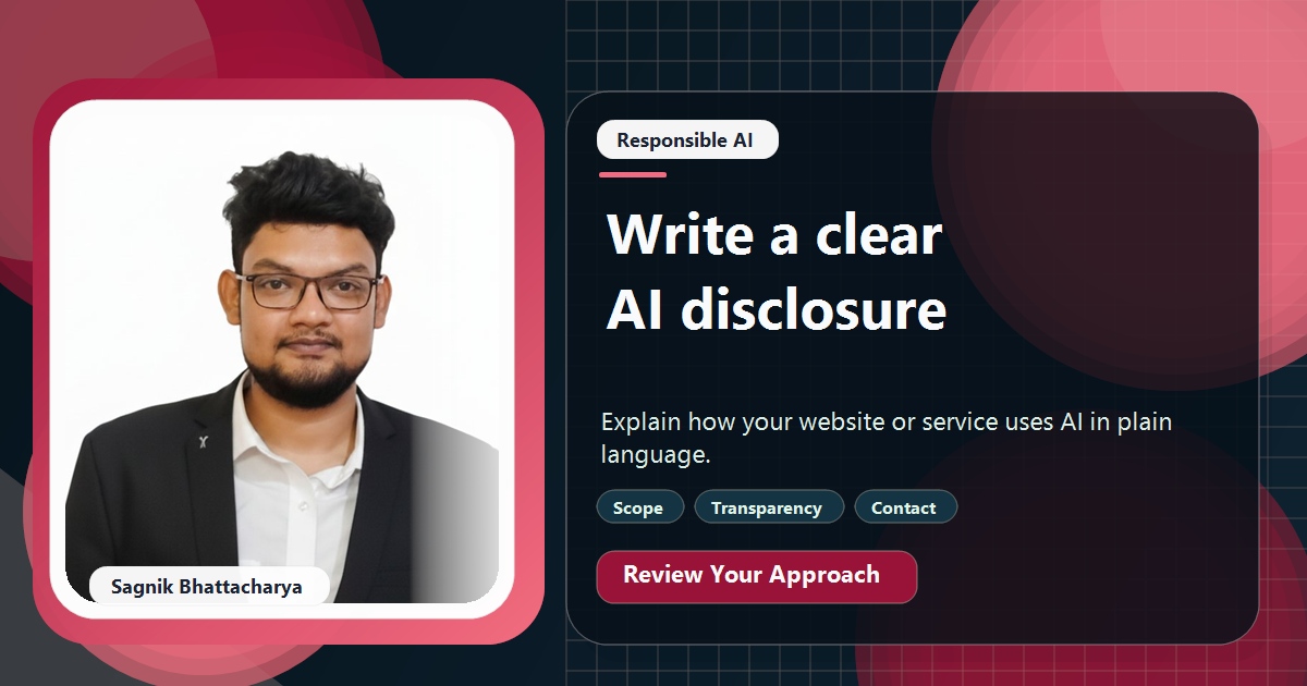 Coding Liquids tutorial cover featuring Sagnik Bhattacharya for How to Write an AI Disclosure Statement for Your Website.