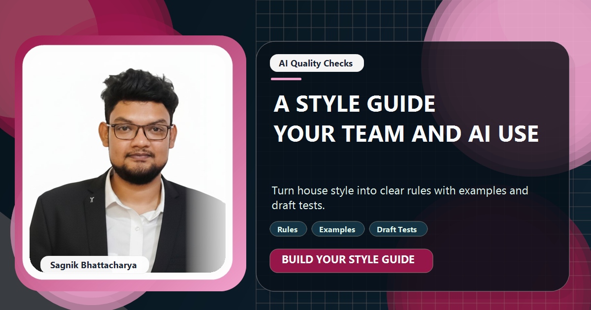 Coding Liquids tutorial cover featuring Sagnik Bhattacharya for How to Write a House Style Guide Your Team and AI Both Follow.