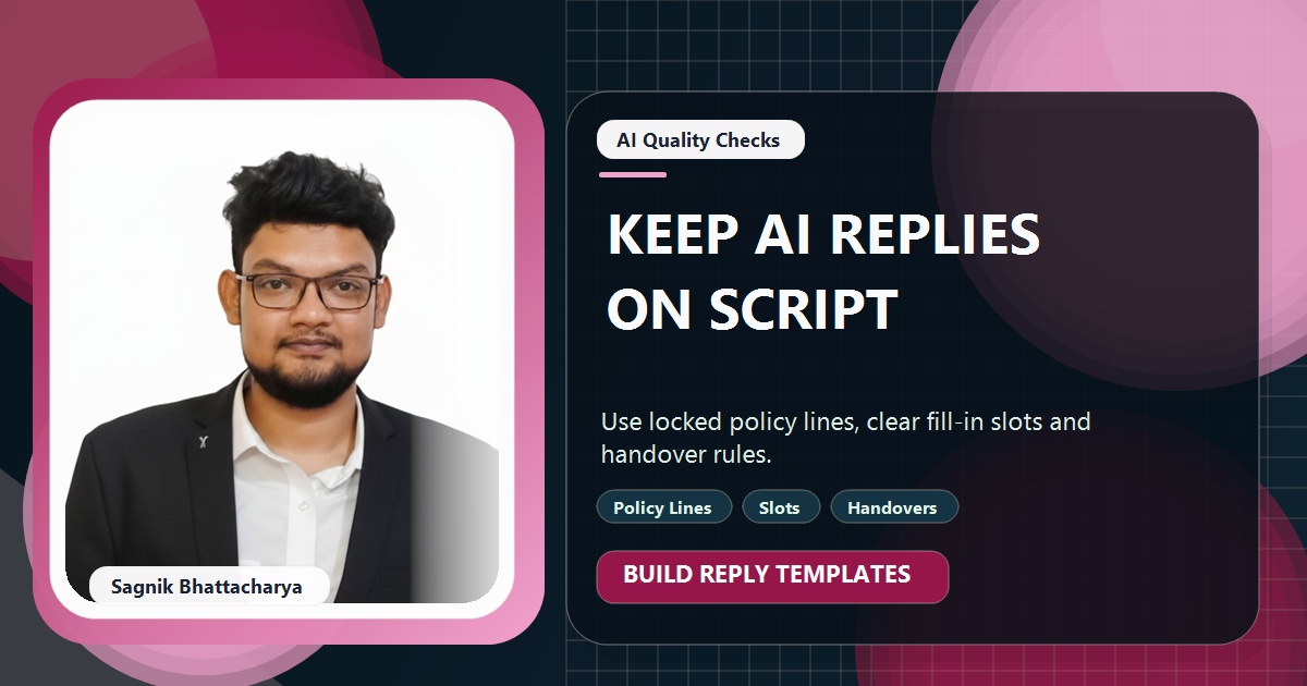 Coding Liquids tutorial cover featuring Sagnik Bhattacharya for How to Write Reply Templates That Keep AI Replies On-Script.