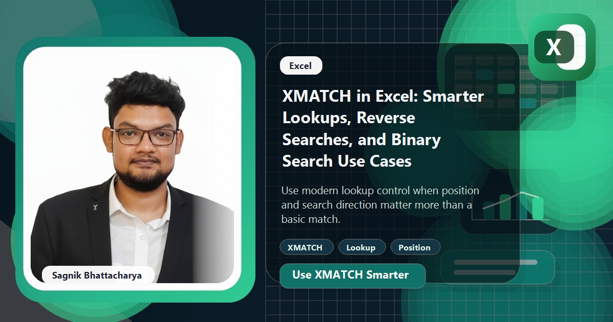 Coding Liquids blog cover featuring Sagnik Bhattacharya for XMATCH in Excel, with reverse-search and lookup-position visuals.